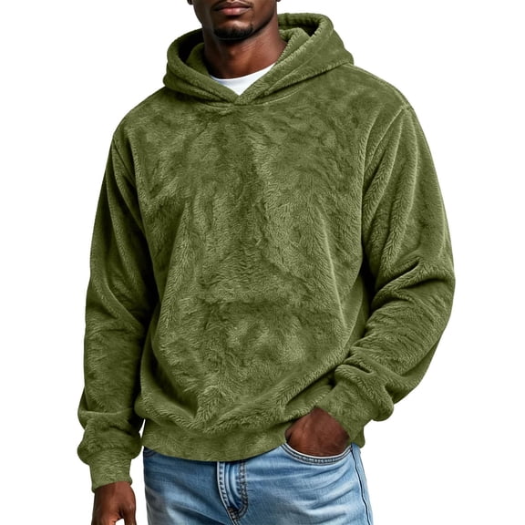 TKKCS Mens Fuzzy Fleece Pullover Hoodie Soft Loose Fit Winter Warm Long Sleeve Casual Hooded Sweatshirt Army Green XL
