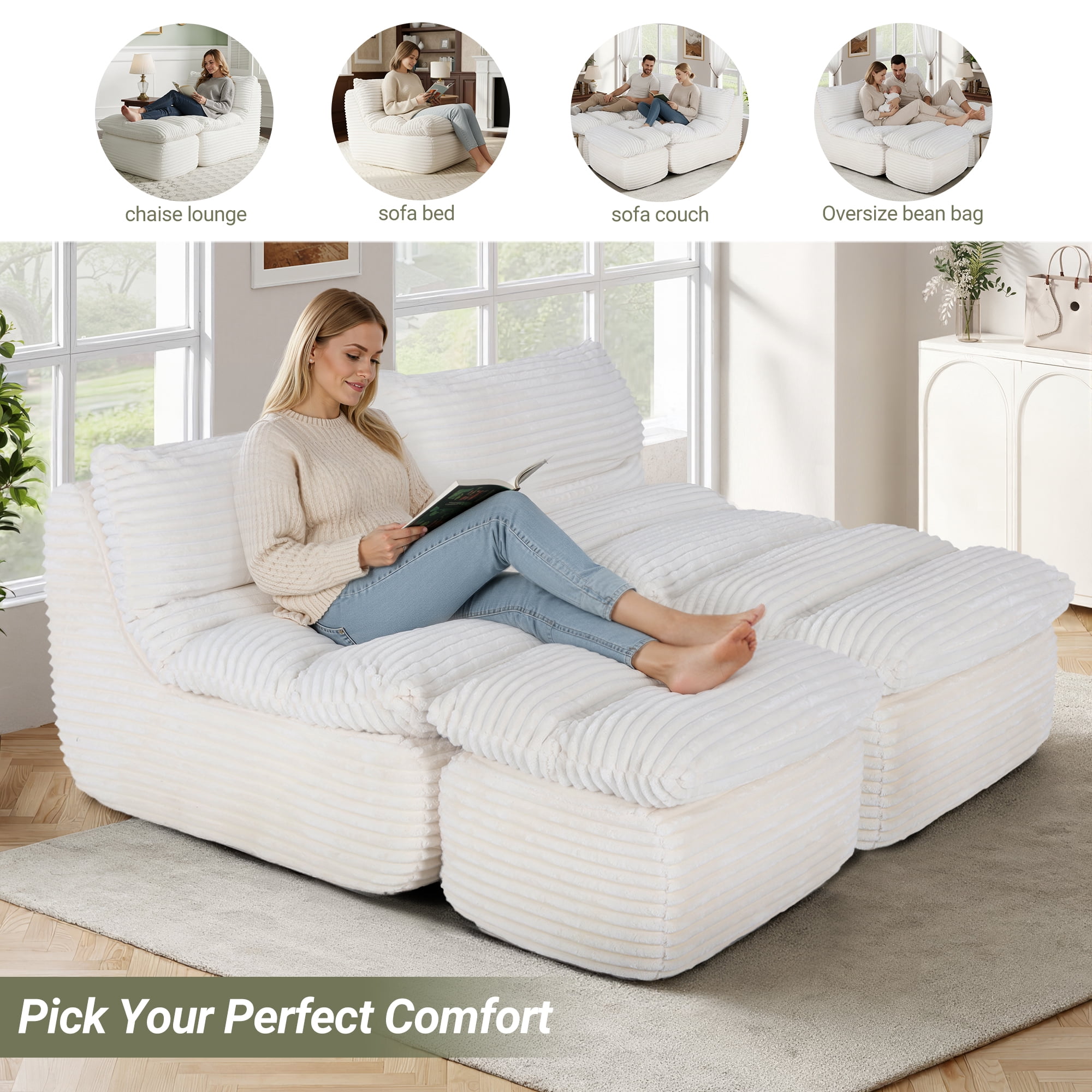 EOP Big Bean Bag Lounger Chair, Chaise Lounge Chair Indoor, Comfy Upholstered Sleeper Sofa Bed with Compressed Memory Foam, No Assembly Required, Beige