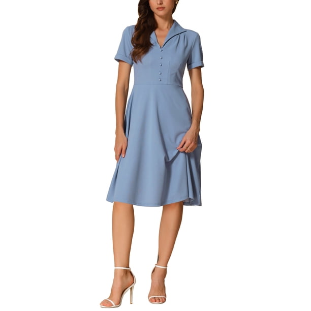 INSPIRE CHIC Vestidos Vintage para Mujeres 2024 Vestido de Cuello Plano de Manga Corta Ajustado y Acampanado XL Azul Gris