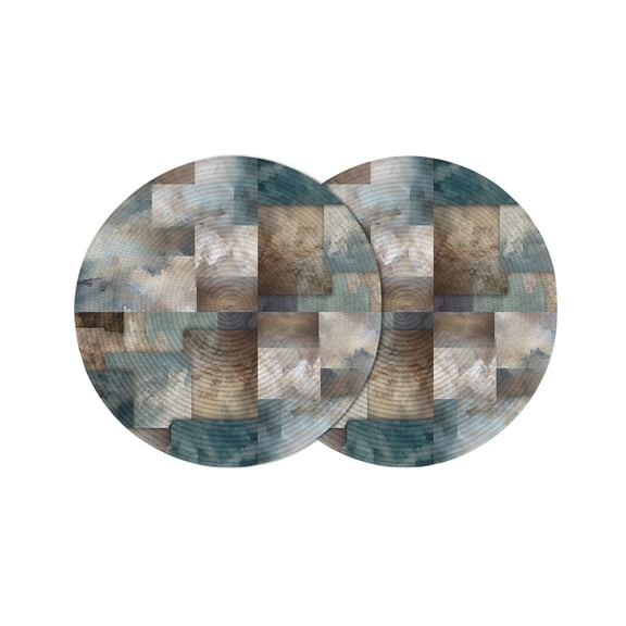 Teal Brown Abstract Blocks Round Table Placemats set of 2, Modern Geometric Squares Washable Woven Place Mats for Dining Tables Kitchen Party Decor,Heat Proof, 15in,