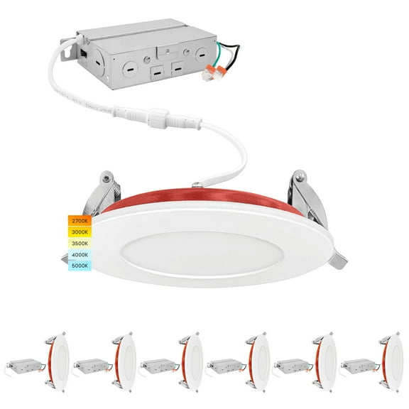 Luxrite 6-Pack 3 Inch Ultra Thin LED Fire Rated Recessed Lights, 5CCT, 500 Lumens, Dimmable, IC Rated, Wet Rated, ETL