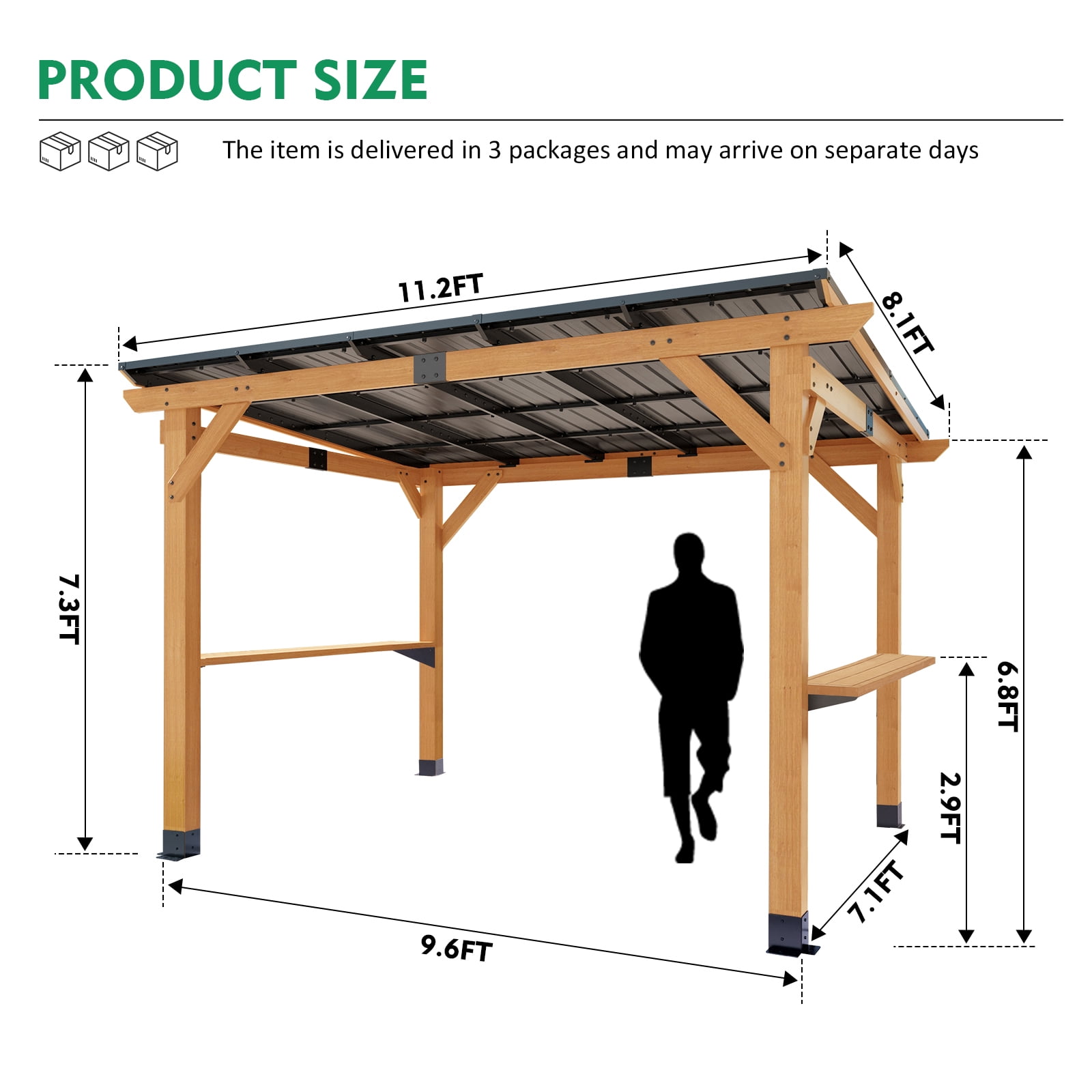 CHARMELEON Grill Gazebo 8 x 10 FT, Cedar Wood Hardtop Gazebo with Galvanized Steel Roof, Built-in Side Shelves, Heavy-Duty Frame for Backyard, Deck, Lawn
