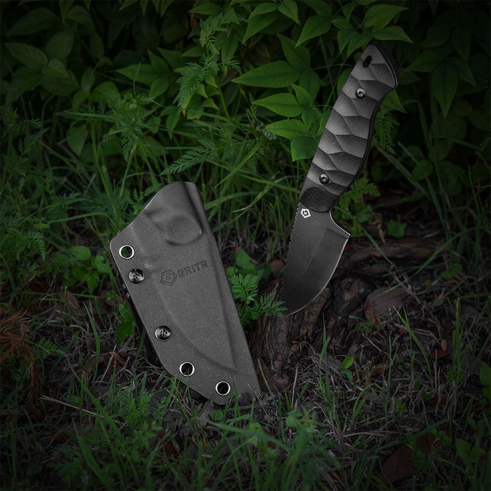 GRITR Scout Hunting EDC Drop Point Fixed Blade Knife w/ Kydex Sheath, BL