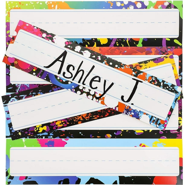 Desk Nameplates - 48-Pack Colorful Desktop Reference Name Plates, 6 Splash Designs, Paper Name Tags for Teachers, Students, Desk Labeling, 11.5 x 3.0 ...