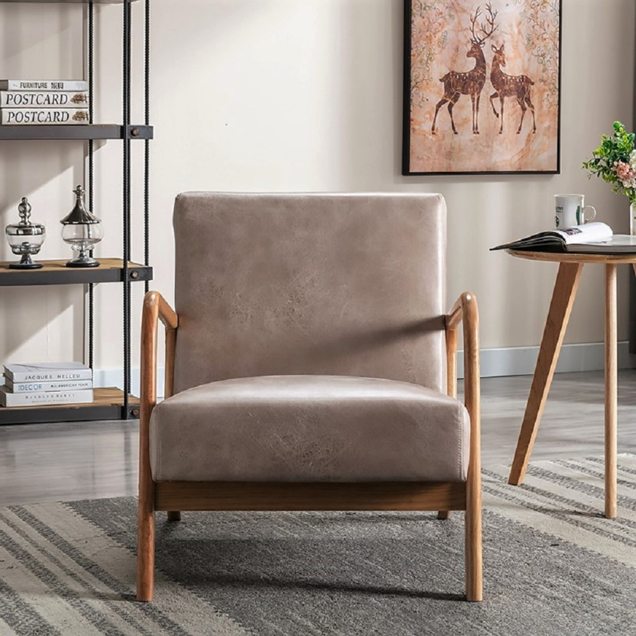 GDF Studio 32.7" Mid-Century Modern Accent Chair with Open Wood Frame, Microfiber Upholstery, Light Camel
