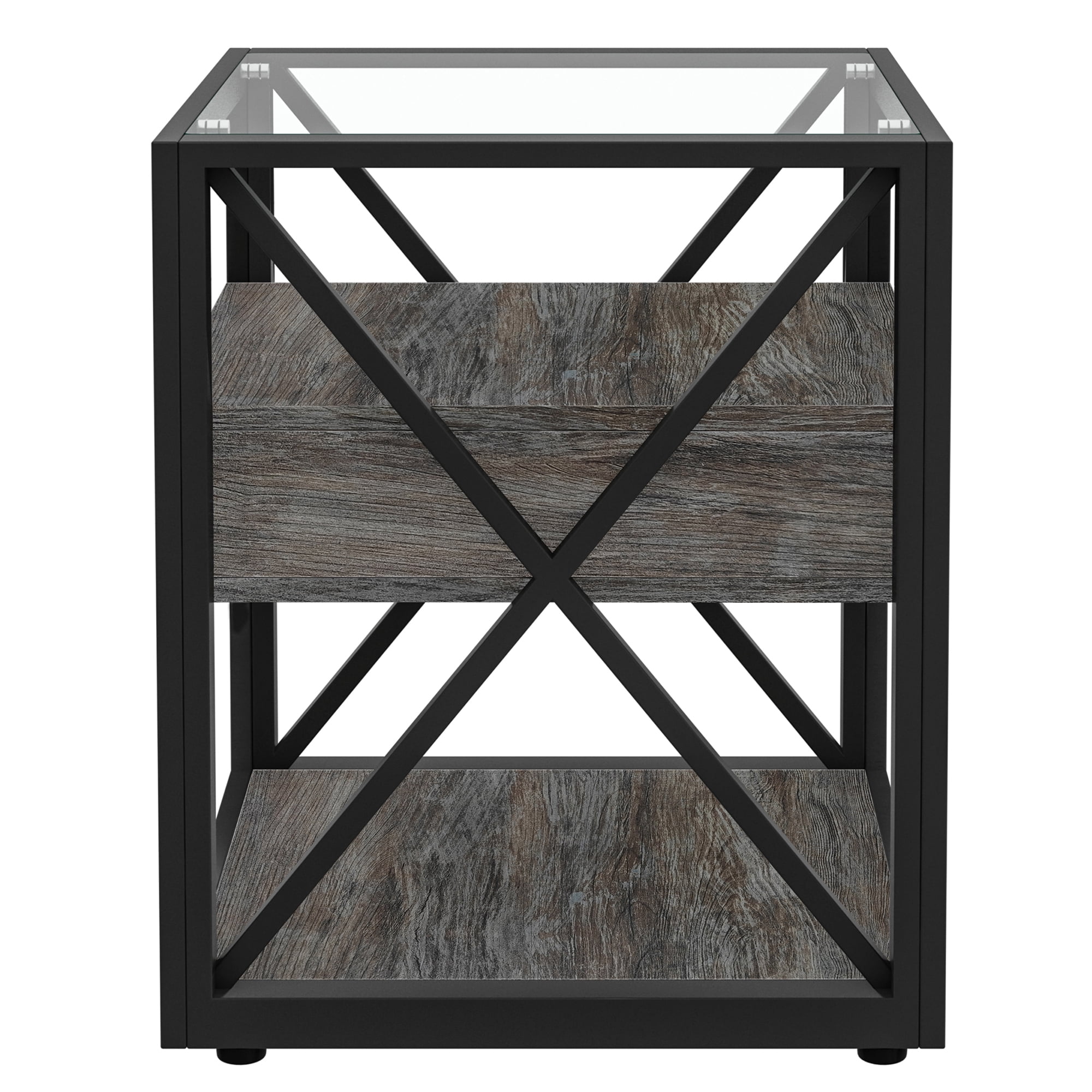 Set of 2 Modern End Table with Drawer, Nightstand for Bedroom & Living Room, Rustic Wood Grain MDF & Tempered Glass Top, Industrial Style Side Table