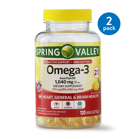 Algae Based Omega 3 (2 pack) Spring Valley Omega-3 from Fish Oil Proactive Health, 1040 mg Omega-3, 120 Mini Softgels ()