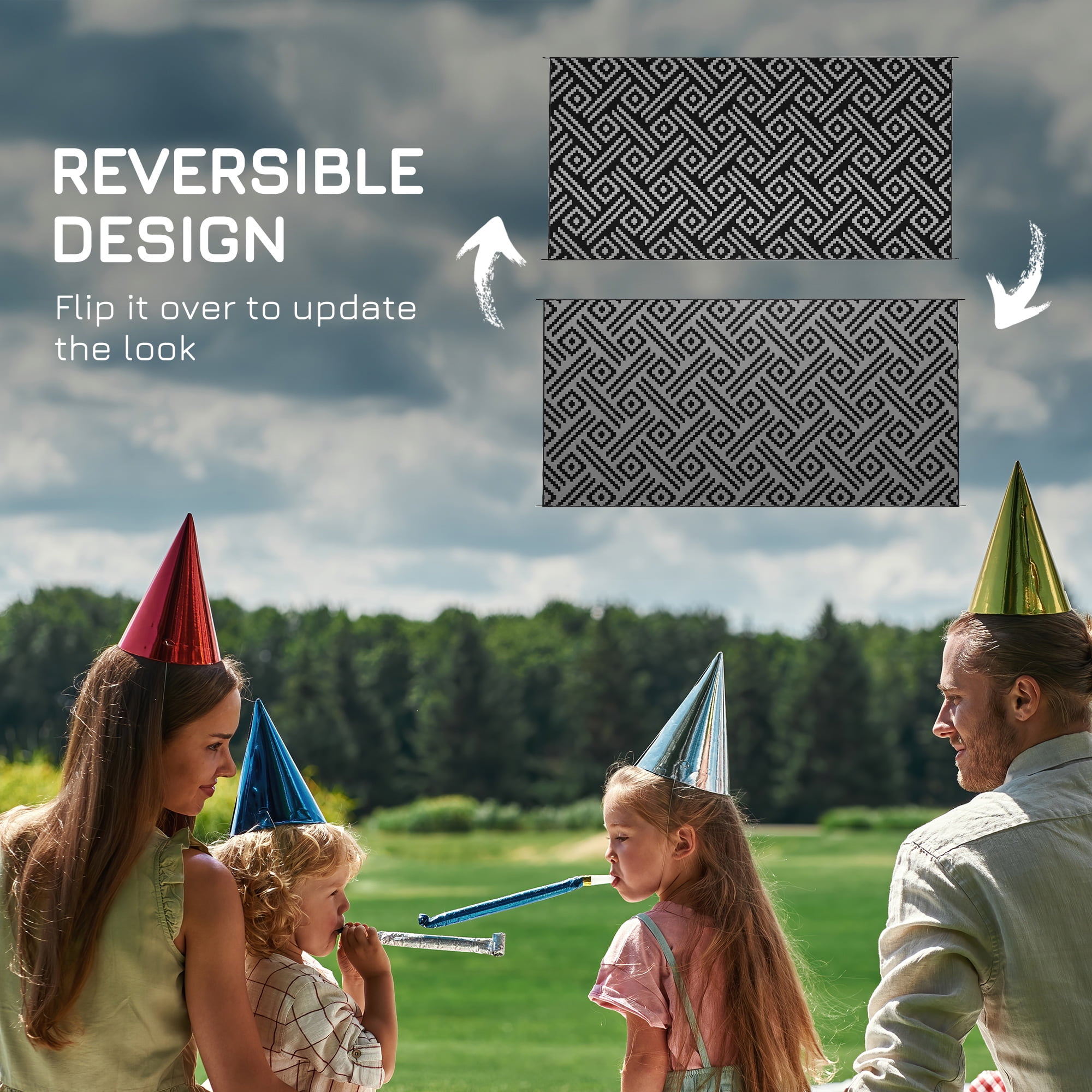 Outsunny RV Mat, Outdoor Patio Rug / Large Camping Carpet with Carrying Bag, 9' x 18', Waterproof Plastic Straw, Reversible, Black & Gray Geometric