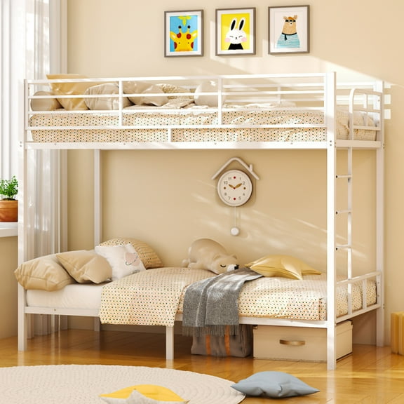 White Twin Bunk Bed Square Tube High Guardrail Side Ladder Opening Iron Bed