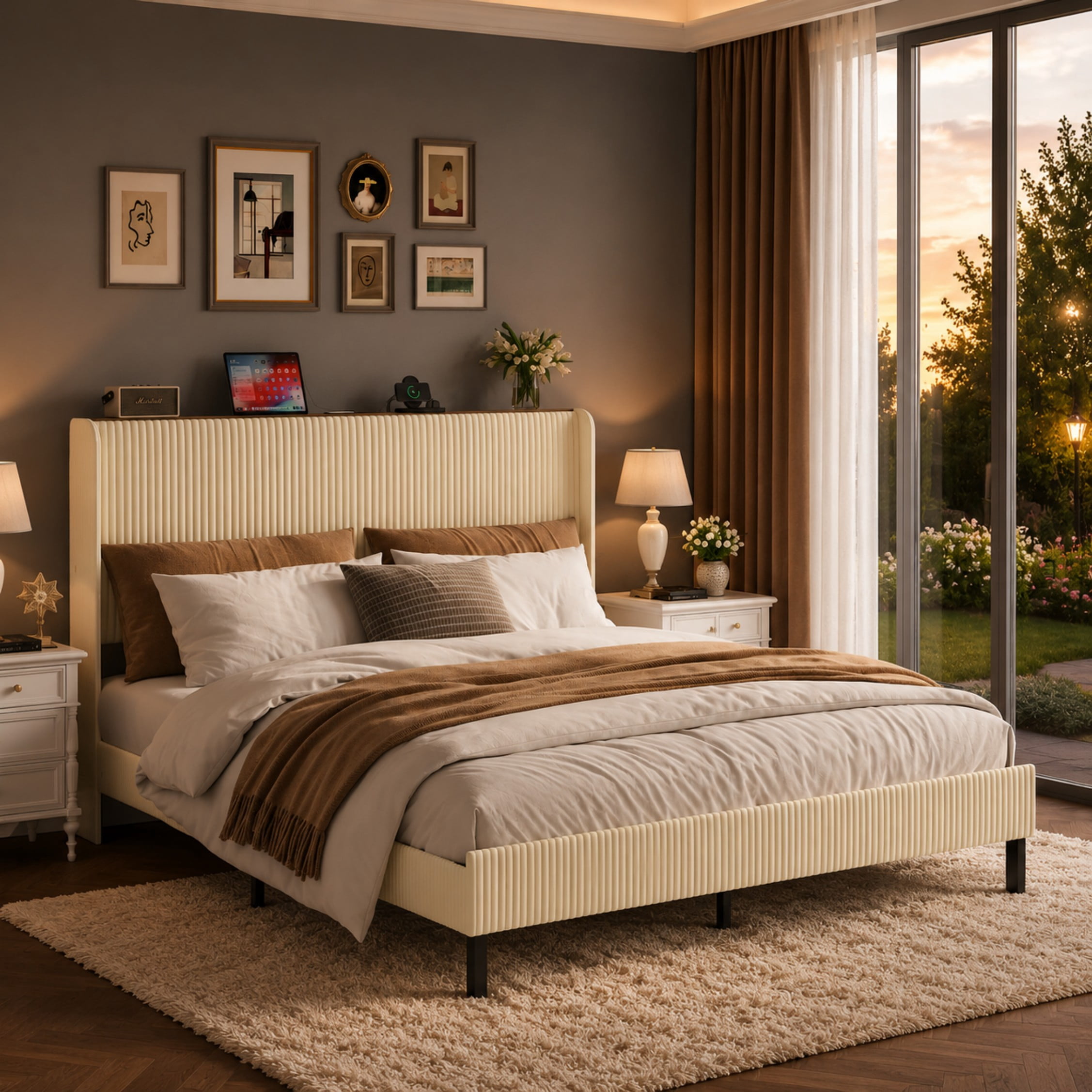 BSHTI King Size Velvet Upholstered Platform Bed Frame with USB Ports, Beige Wood & Metal Bed Frame with Storage Shelf Headboard, Modern Accent Bedroom Furniture for Bedroom, No Box Spring Needed