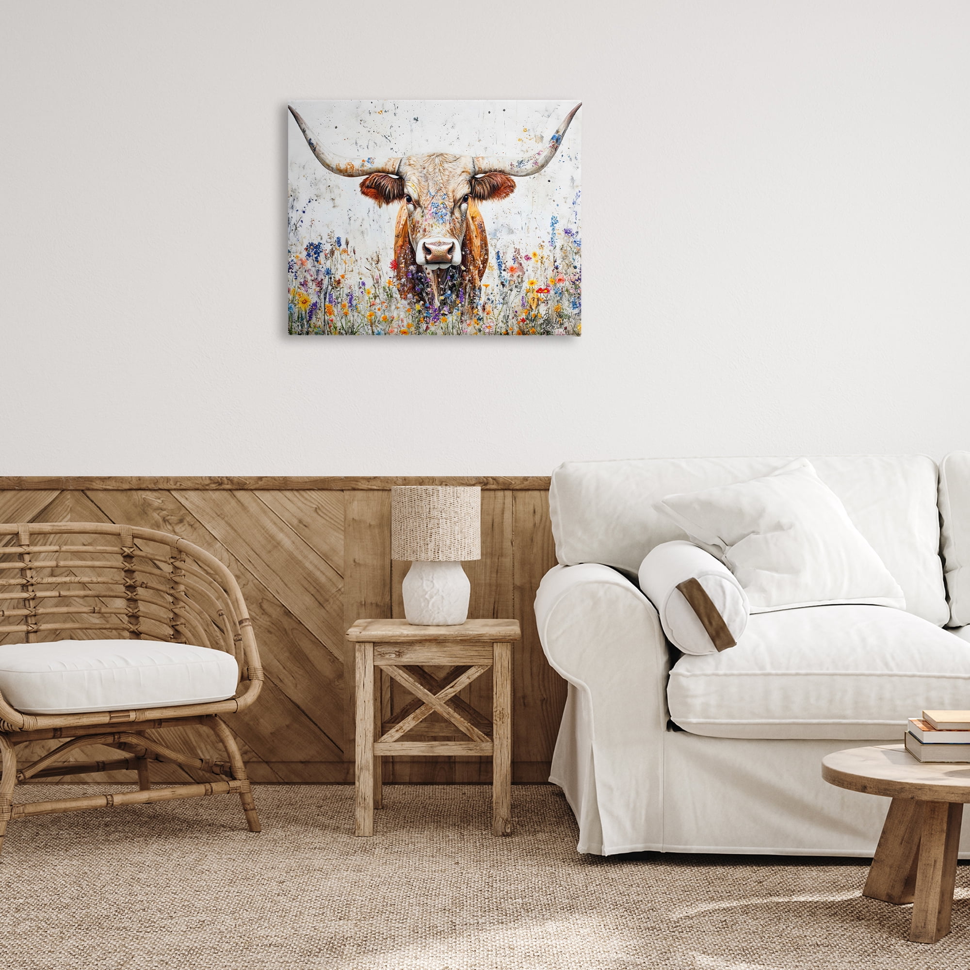 Stupell Industries Texas Longhorn Speckled Flowers Animals Painting Wrapped Canvas Canvas Art Print Wall Art, 30 x 24