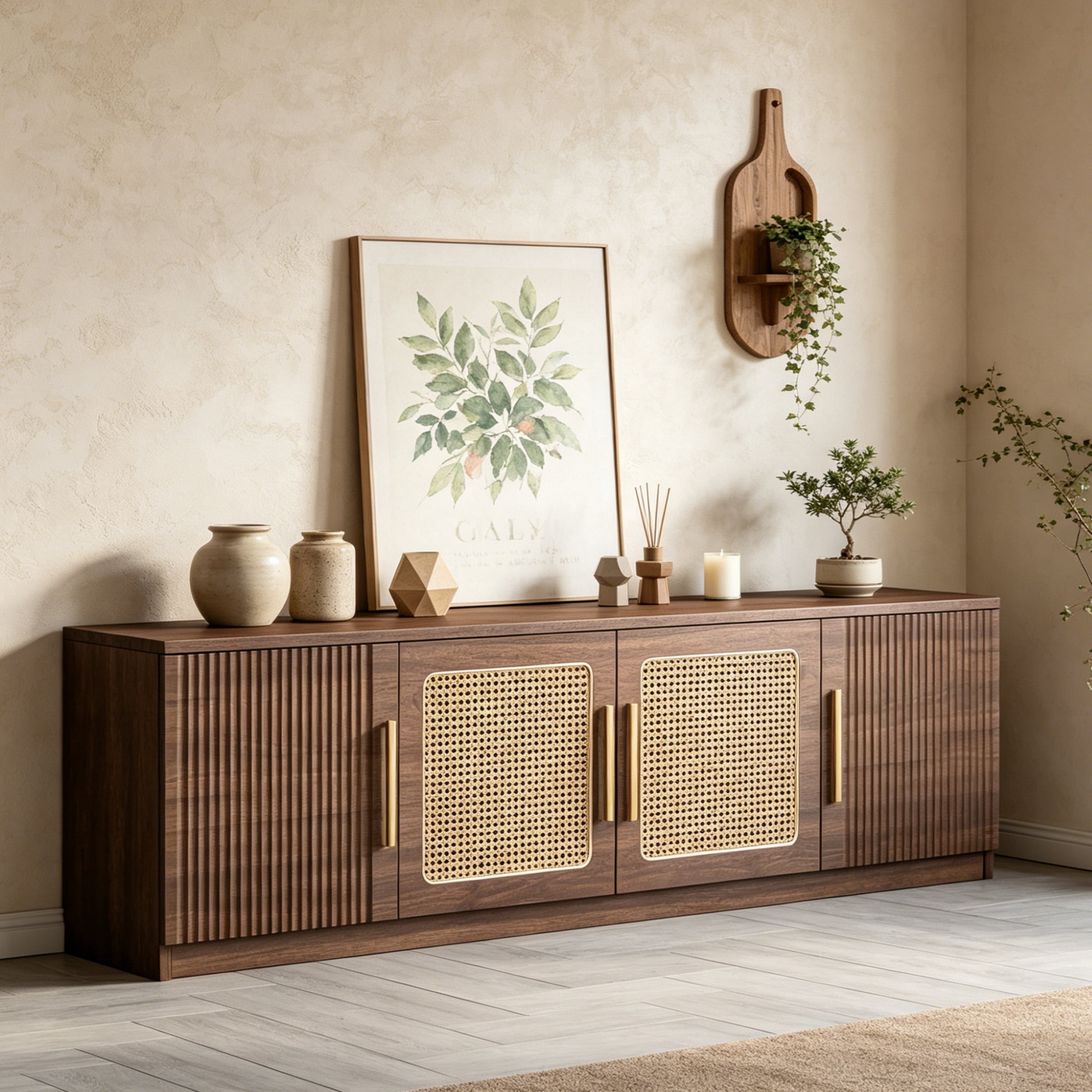 Fnova 70.9" Modern TV Stand with 6-Tier Storage, Wood Rattan Media Console for TVs Up to 80 Inches, Living Room Entertainment Center, Large TV Cabinet with Shelves for Bedroom/Entryway