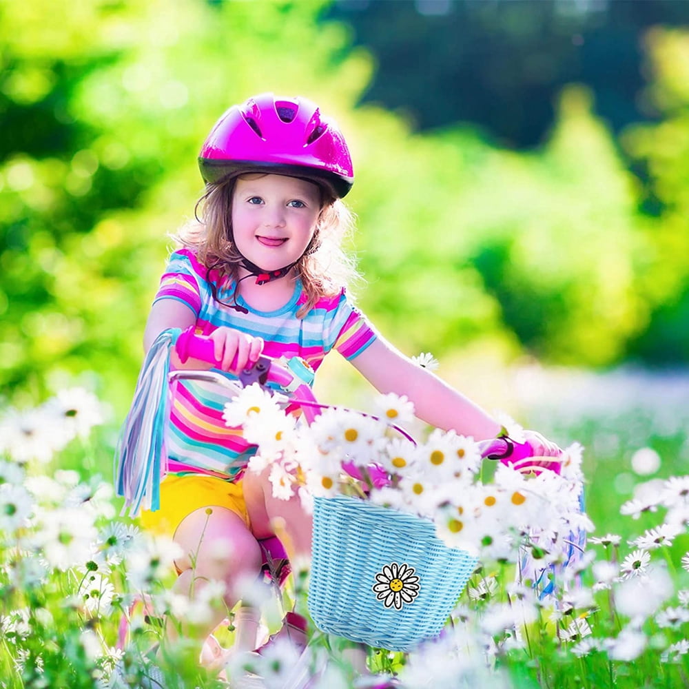Kid's Bicycle Basket Streamers Set, Front Handlebar Kid's Bicycle Basket, Daisy Bike Bell, 2 Bike Streamer, 30 Kids Cartoon Sticker, Bike Decoration for Toddler Children Kids Girl