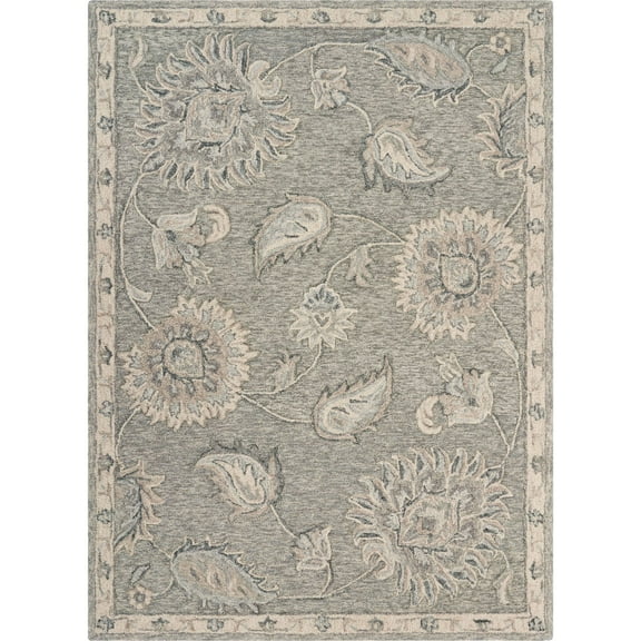 Laddha Home Designs 5' x 7' Gray and Blue Botanical Hand-Tufted Rectangular Area Throw Rug
