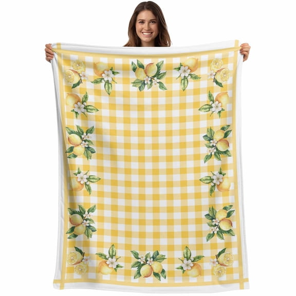 Yellow Lemons Blanket Soft Cozy Warm Throw Blanket for Couch, Plush Fuzzy Flannel Fleece Blankets for Sofa, Floral Wreath Leaves Buffalo Plaid Bed Blankets Lightweight Gifts for Women, 50"x80"