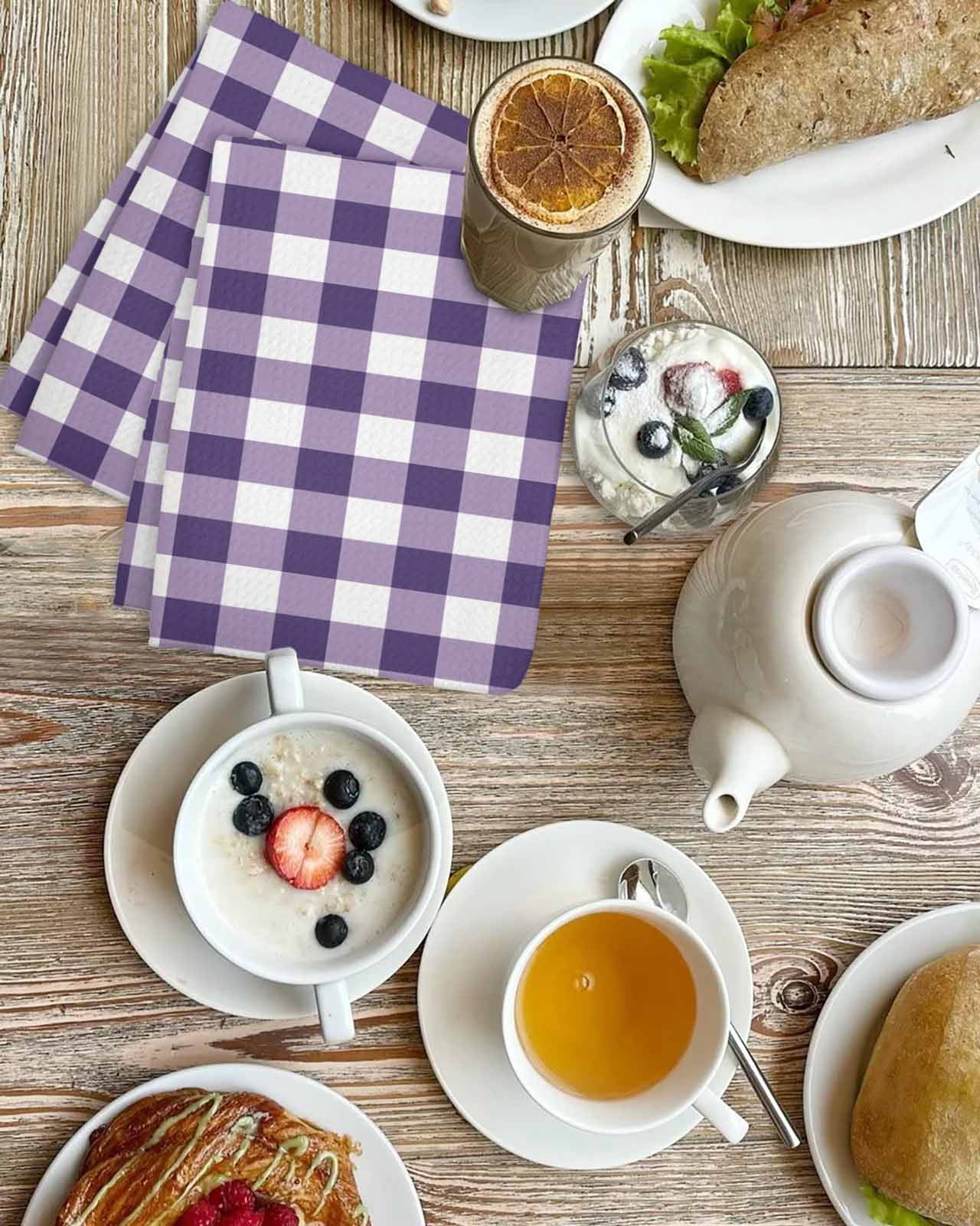 Purple Checkered Kitchen Dish Towels for Drying Dishes Set of 4, Farmhouse Buffalo Plaid Waffle Weave Microfiber Hand Tea Bathroom Towels Quick Dry & Absorbent Towel 15.7x23.6