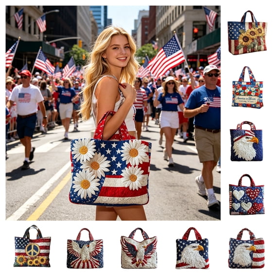 Fuebueo Patriotic Tote Bag for Women, 4th of July Quilted Shoulder Bag for Women, American Flag Daisy Purse with Peace Sign, Large Capacity Travel Canvas Handbag, Perfect Gift