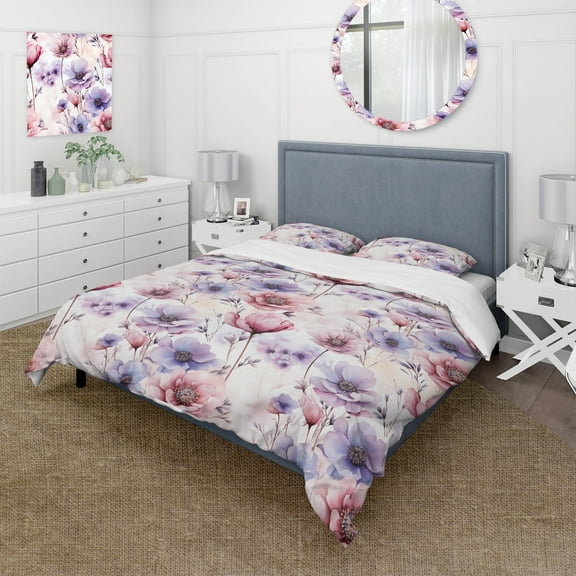 Designart "Wildflower Haven In Pink And Purple I" Floral Bedding Covert Set - Cottage Bed Set With 2 Shams