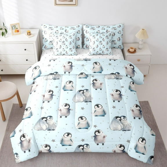 Manfei Cartoon Penguin Child Twin Bedding Sets 7-Piece, Cute Stars Print Bedding Comforter Set, Kawaii Antarctic Animal Reversible Sheet Sets, Microfiber Bedroom Decor