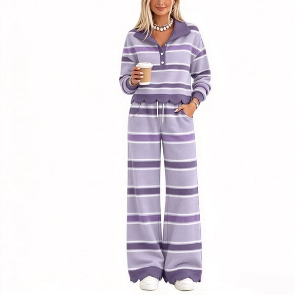 Domzest Womens 2 Piece Outfit Set Striped Button Scalloped Trim Pullover Top & Wide Leg Pants Lounge Set Fall Casual Matching Outfit Sets Purple XL
