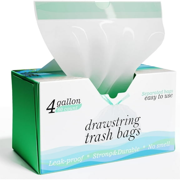 4 Gallon Drawstring Trash Bags - 0.5 Mil Strong - Small Garbage Bags - for Office Bathroom Kitchen - Individual, Unscented, White, 19" x 19", 60 Count