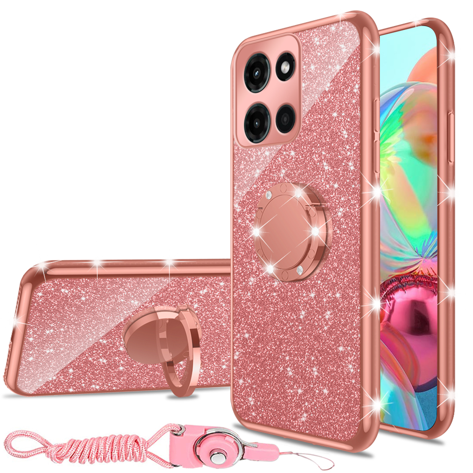nancheng for 6.7-inch Motorola Moto G 5G 2025 Phone Case Girls Women Cute Glitter Luxury Soft Silicone Clear Case with Ring Stand Strap Lanyard Shockproof Protection Cover - Rose Gold
