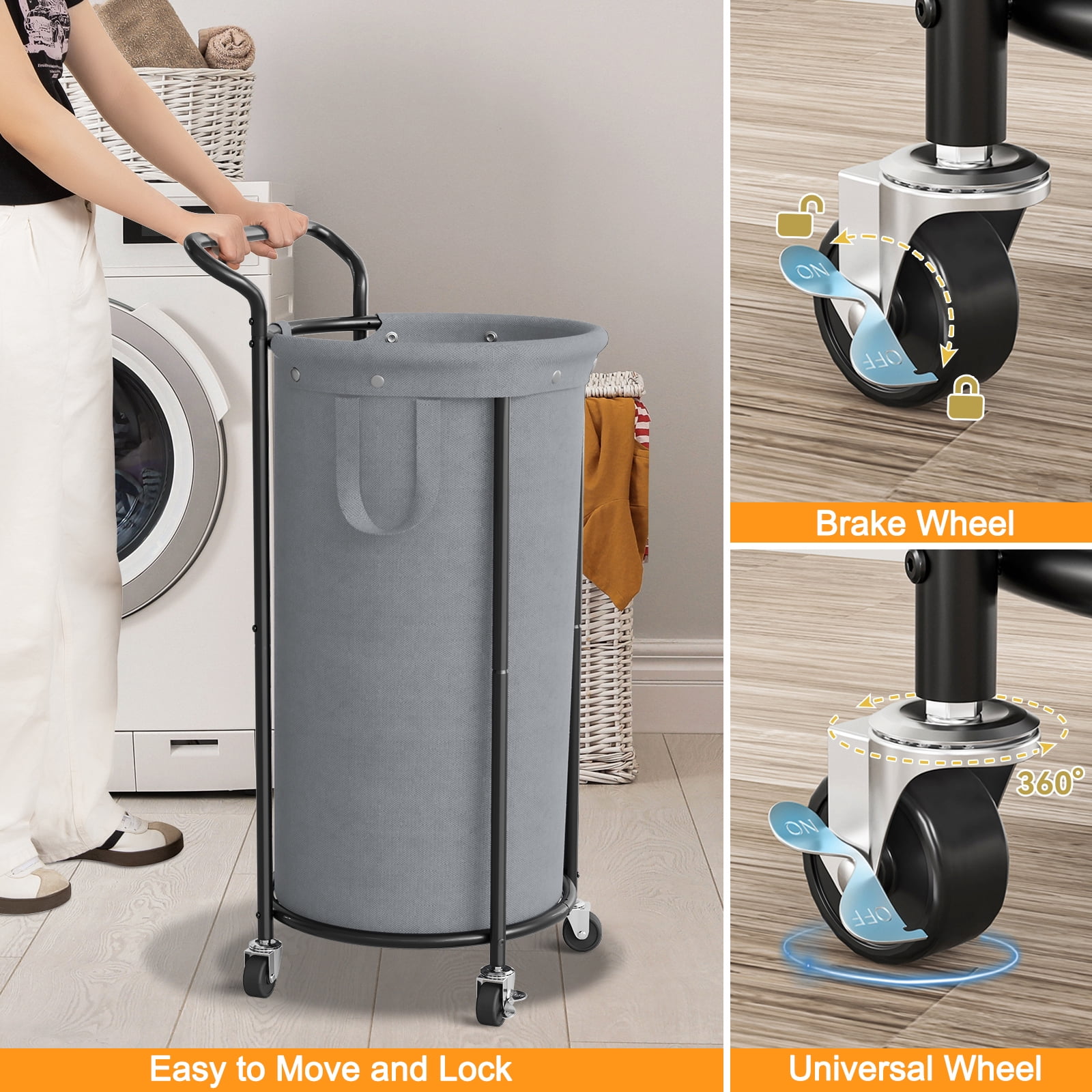 BGTREND 110L Rolling Laundry Hamper with Removable Bag, Round Steel Frame and Handle, Gray