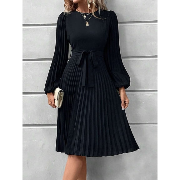 Black Lantern Sleeve Pleated Midi Dress With Belted Waist