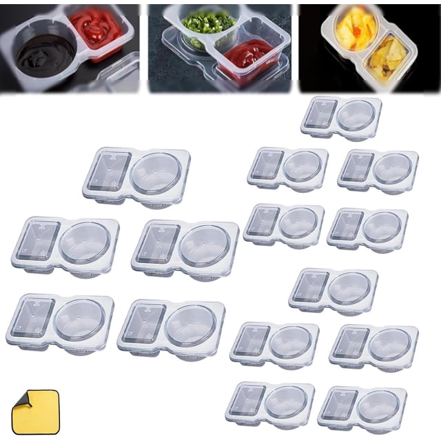 Reusable on the Go Snack Containers, Double Compartment Condiment Container with Lids, Nut Snack Pack Containers, for To-Go Sauce, Sampling, Travel Snack(15pc)