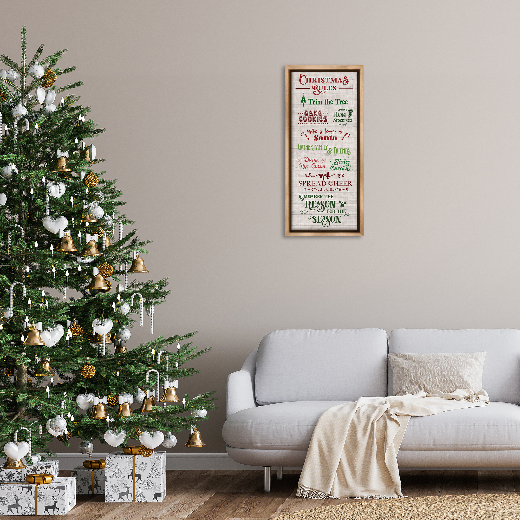 Stupell Industries Rustic Christmas Rules Holiday Painting Brown Floater Framed Canvas Art Prints Wall Art, 15 x 31