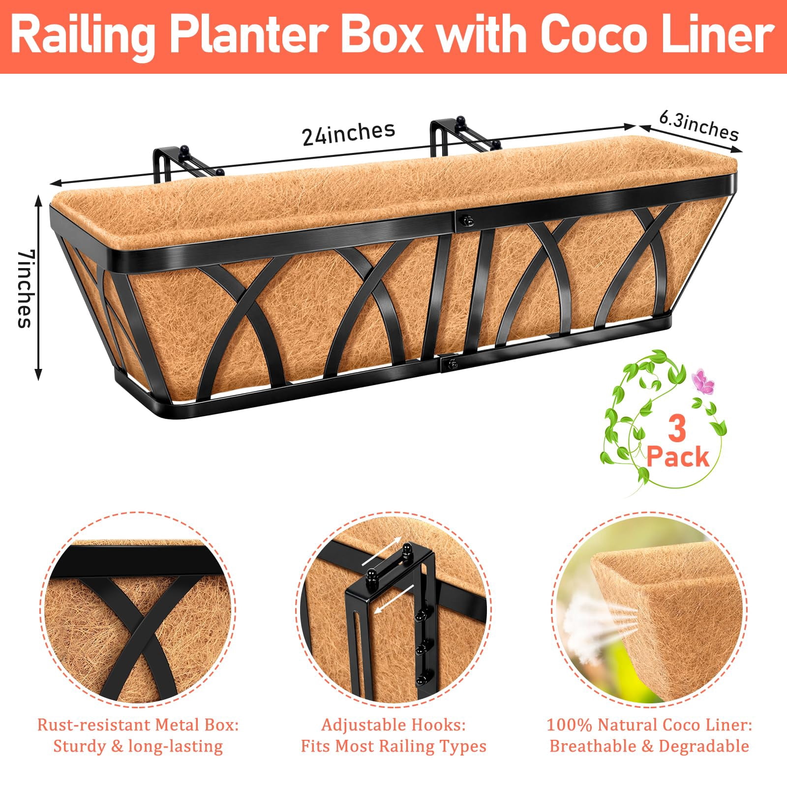 24in Metal Railing Planter Window Box 3 Pack For Deck Balcony Porch Fence Indoor Outdoor Plants
