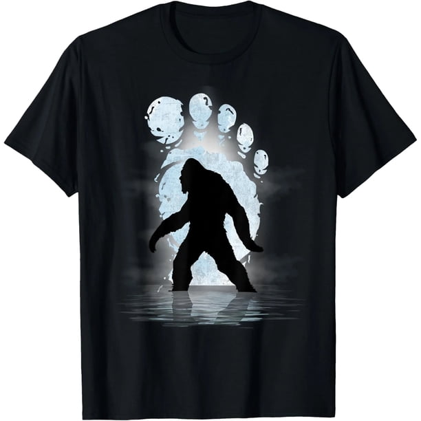 Playera Divertida de Bigfoot con Huella y Luna, Unisex, Negra y Blanca, Ideal para Regalo