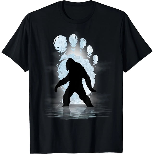 Playera Divertida de Bigfoot con Huella y Luna, Unisex, Negra y Blanca, Ideal para Regalo