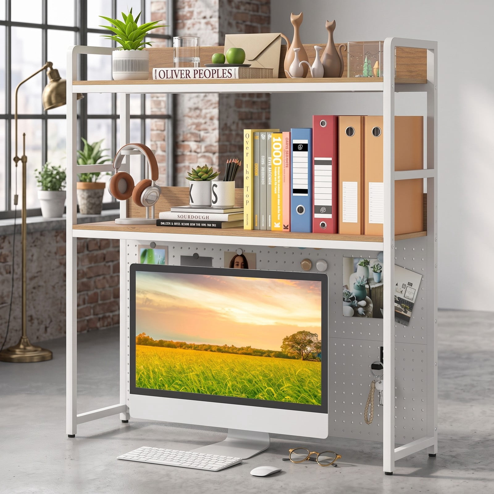 Furnibear 2-Tier Desktop Bookshelf with Metal Pegboard, Monitor Stand Riser Desk Organizer Shelf for Home Office up to 32 Inch Screen, Natural