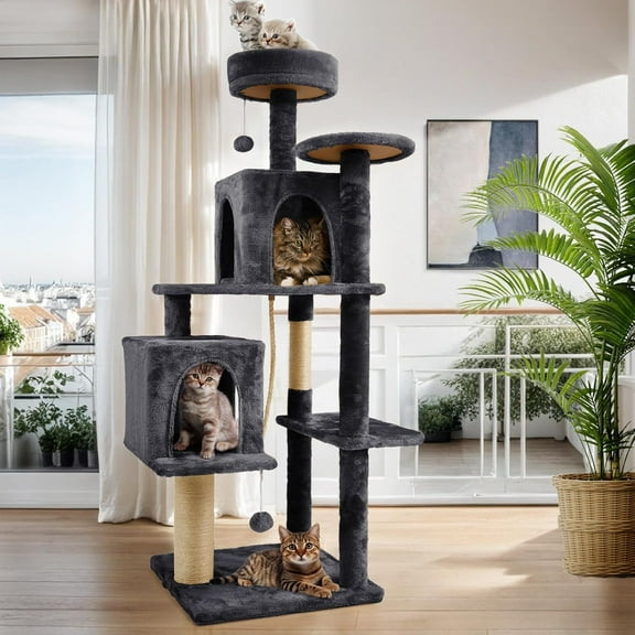 58 Inch Cat Tree Cat Tower for Indoor Cats Tall Cat Condos Scratching Post with Hanging Toy Cat Furniture for Kitten Pets Play, Grey Black