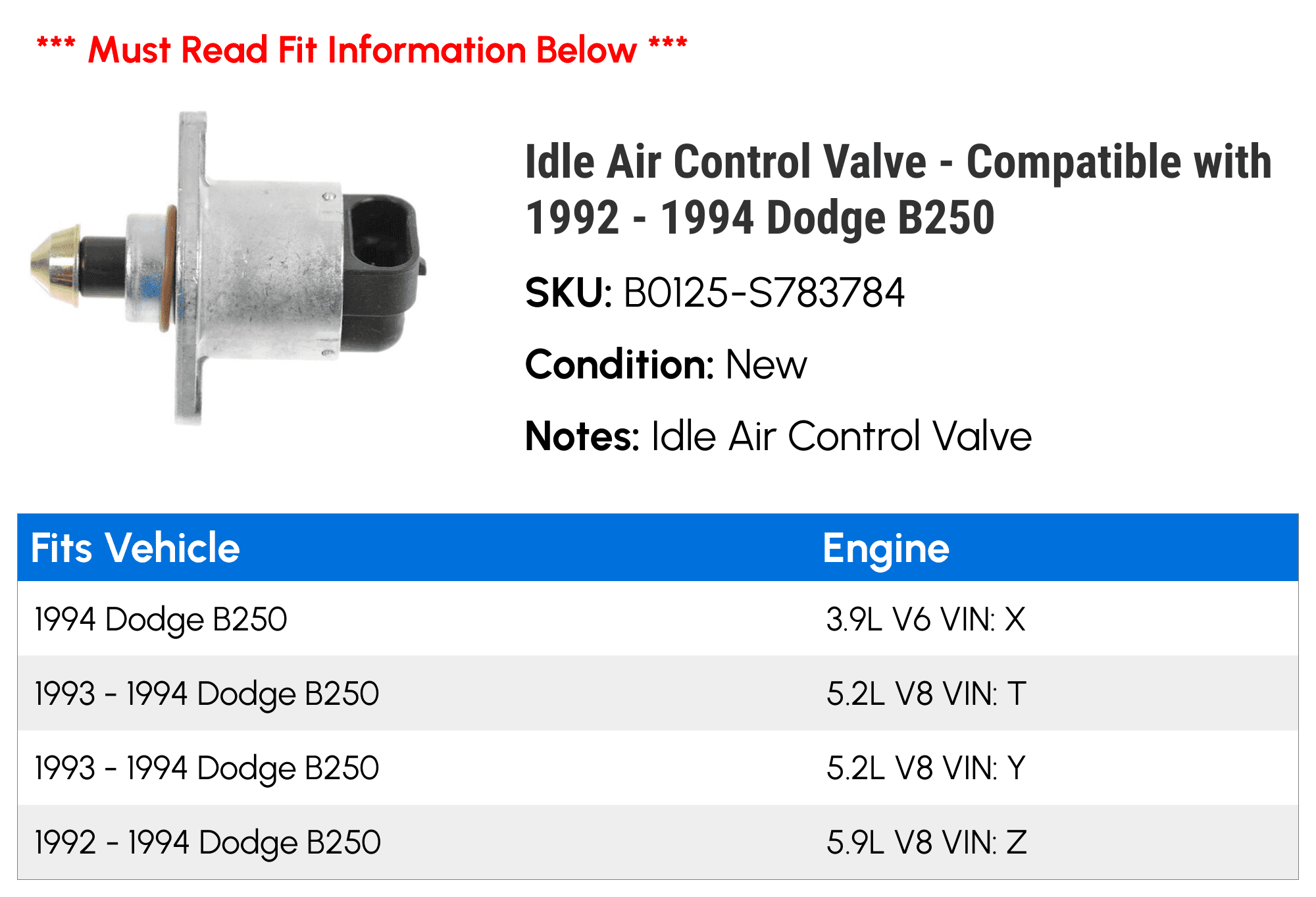 Idle Air Control Valve - Compatible with 1992 - 1994 Dodge B250 1993