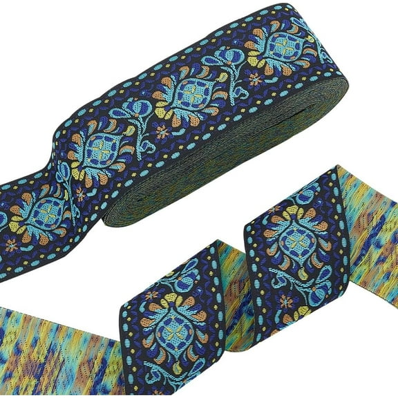 10 Yards Boho Jacquard Ribbon 2 Inch Ethnic Style Floral Ribbon Blue Emobridered Flower Ribbon Fabric Trim Fringe for Sewing Handmade Bag Strap Making DIY Clothing Decoration