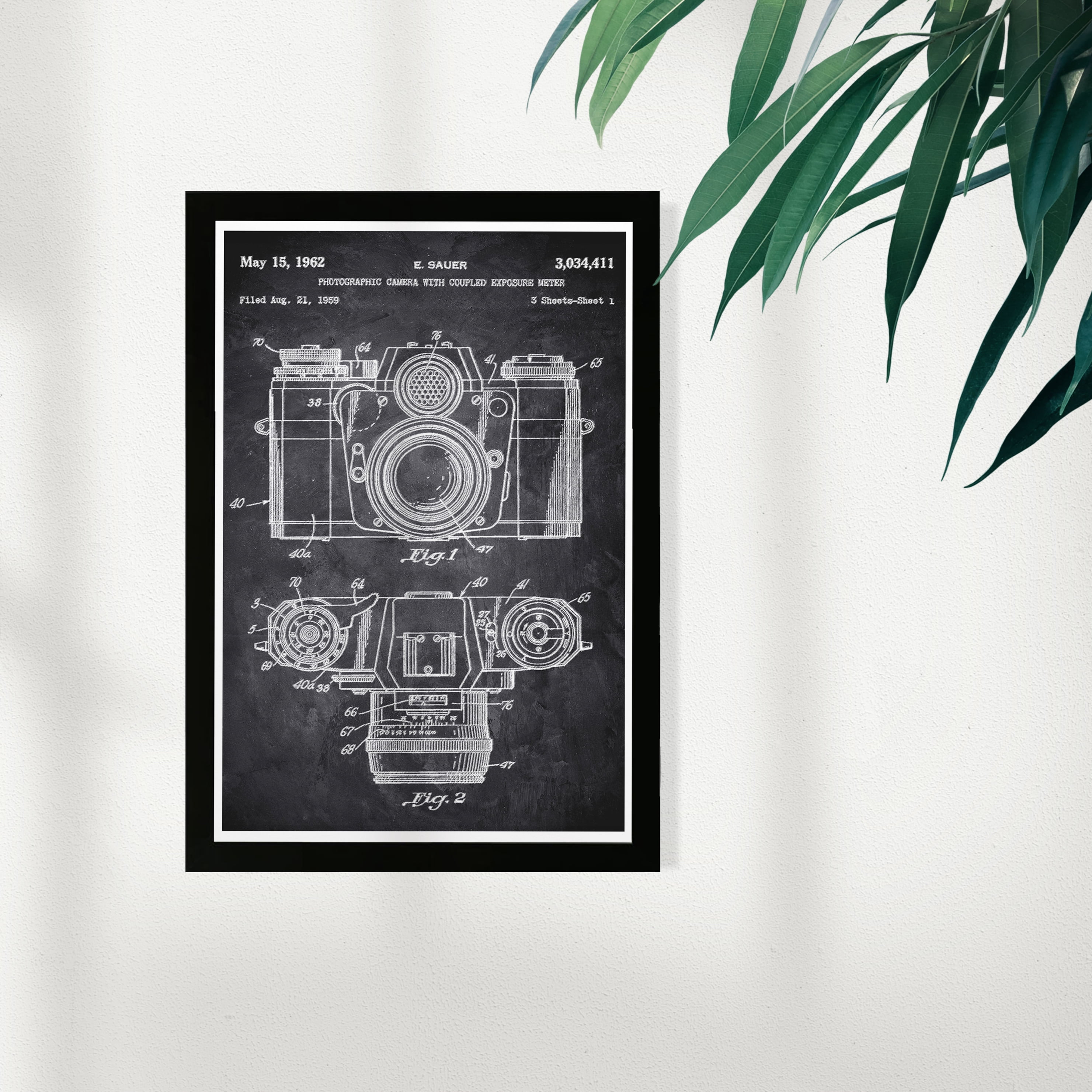 Wynwood Studio Entertainment and Hobbies Framed Wall Art Prints 'Sauer Camera 1962 Chalkboard' Photography - Black, White, 13" x 19"