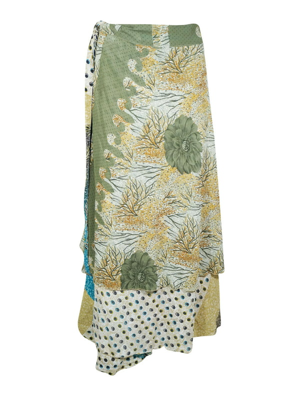 Mogul Womens Wrap Skirt, Sari Skirt Long Green Floral Wrap Skirts One Size