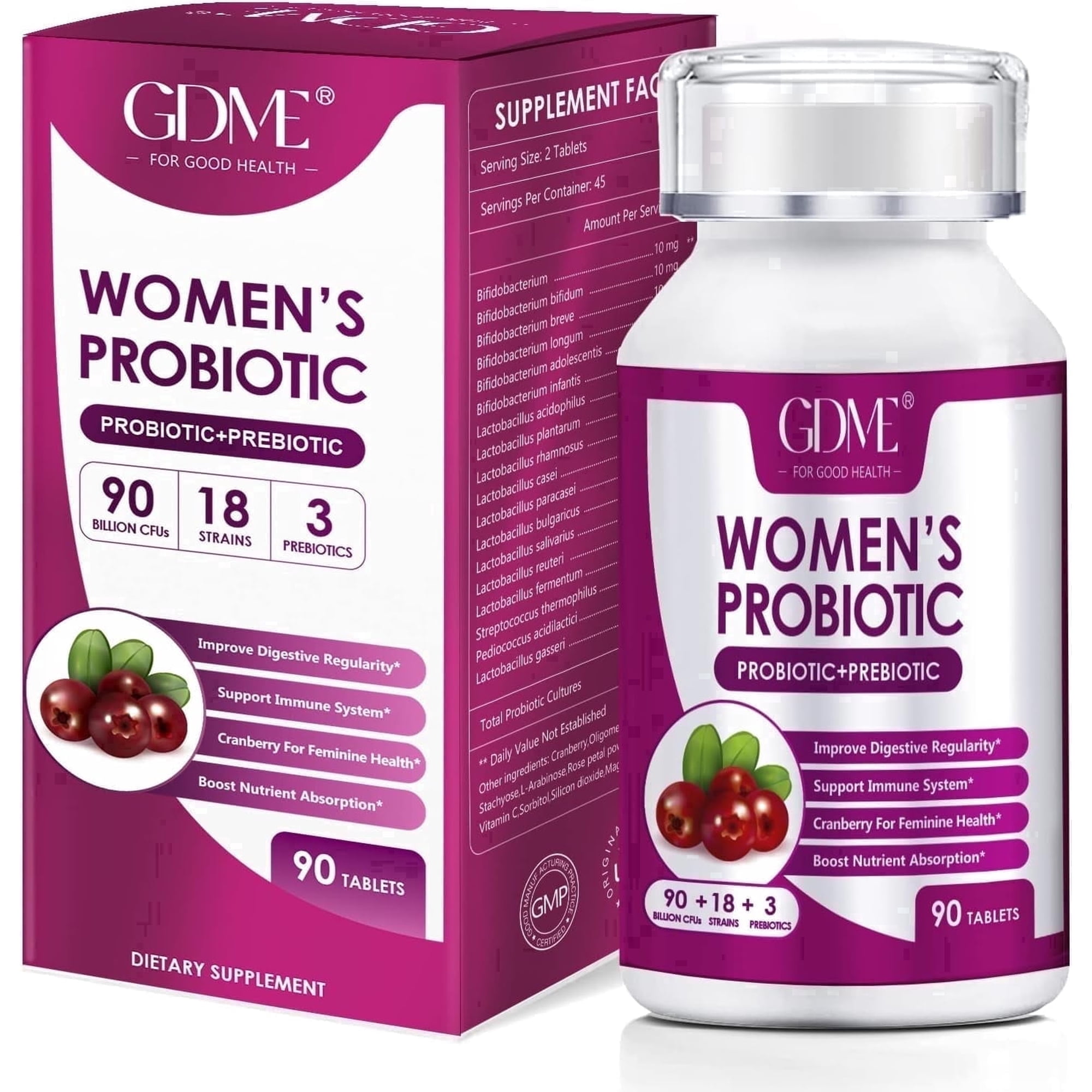 Women's Probiotics, 90 Tablets 90 Billion CFU 18 Strains, Contains Organic Prebiotic Cranberry,Probiotic Supplement for Digestion, Immunity, Women's Health, Soy Gluten Dairy Free