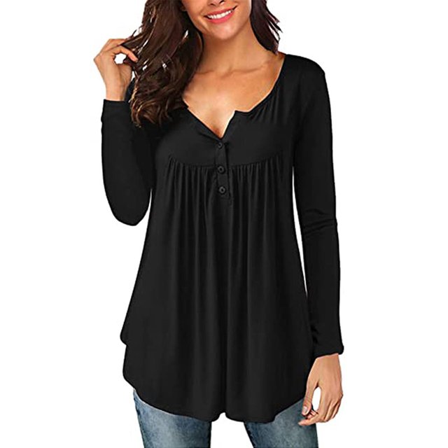 Túnica de mujer Tops Otoño Invierno Manga Larga Suelta Cuello en V Botones Hasta Flowy Plisado Jersey Henley Camisas Blusa Camiseta