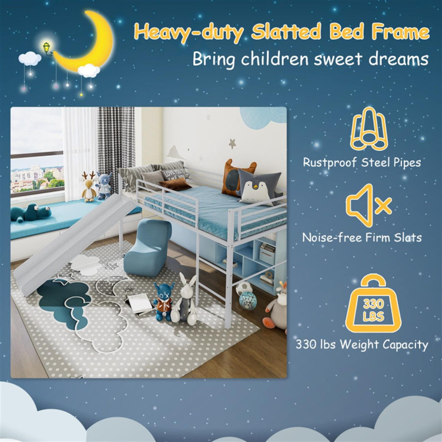 Demi Bonn Twin Metal Loft Bed with Slide Safety Guardrails and Built-in Ladder for Teens, Silver