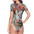 thumbnail image 3 of Uemuo Vintage Colorful Floral Cow Pattern Women's One Piece Short Sleeve Swimsuit Rash Guard Surfing Modest Quick-drying Swimsuit Beach Essentials-Medium, 3 of 9