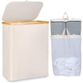 thumbnail image 1 of Cesta de lavandería con tapa de 150 litros, cesta grande con mango de bambú, organizador plegable para ropa sucia con 2 bolsas interiores extraíbles para ropa, juguetes, toallas, color beige, 1 of 17