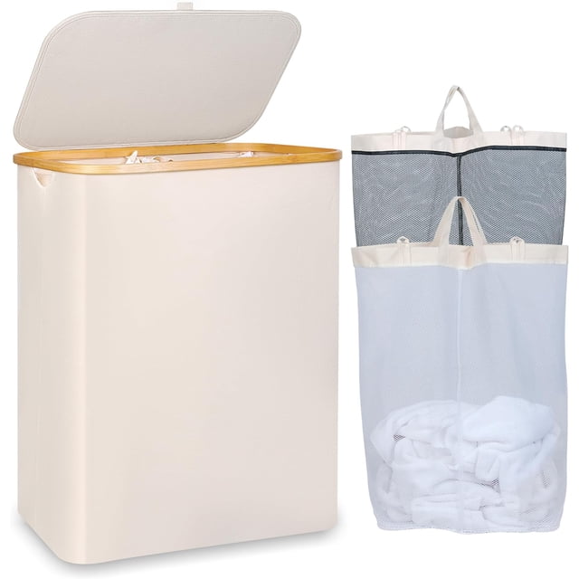 Cesta de lavandería con tapa de 150 litros, cesta grande con mango de bambú, organizador plegable para ropa sucia con 2 bolsas interiores extraíbles para ropa, juguetes, toallas, color beige