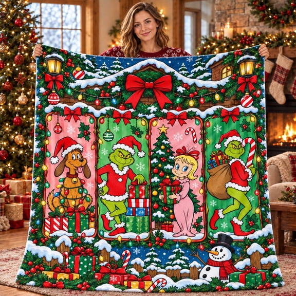 G.rinch Christmas Blanket, Christmas Vintage Flannel Blanket, Cozy Christmas Holiday Gift