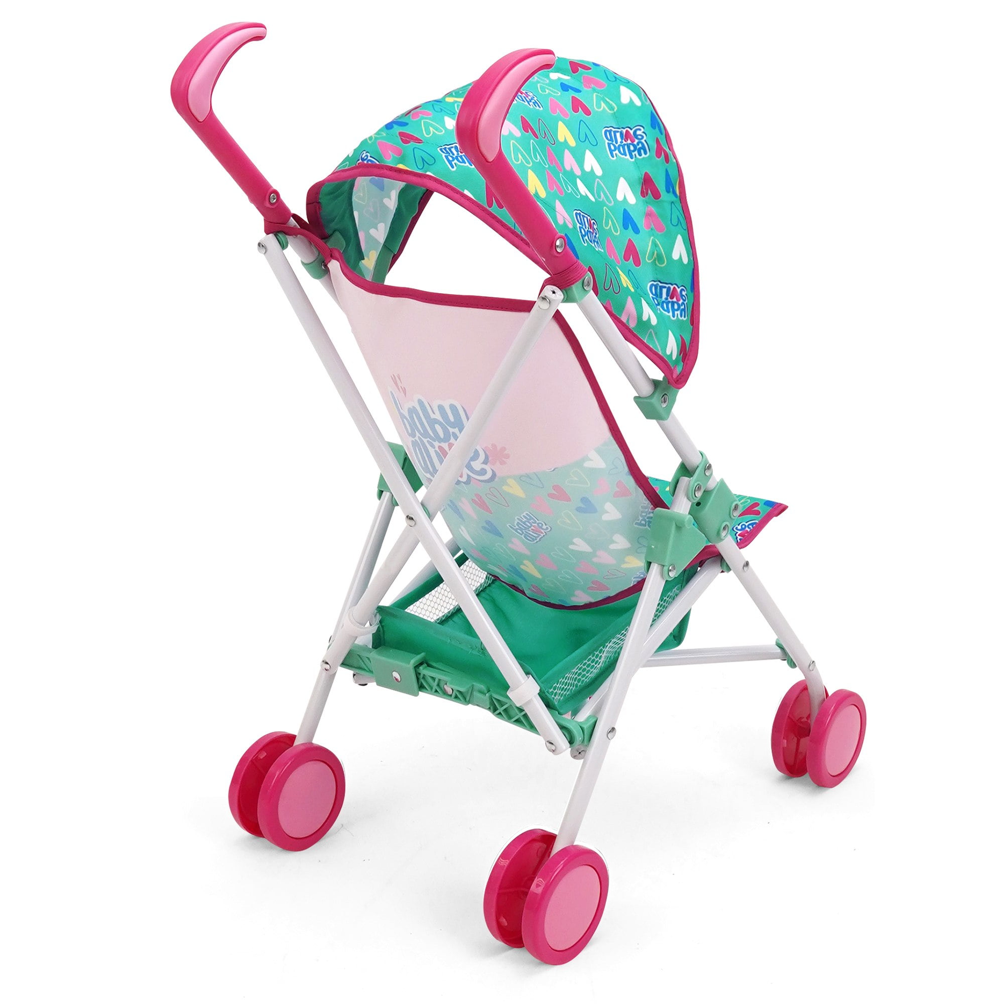 Baby Alive: Doll Umbrella Stroller - Green, Pink, Hearts - Accessory For Dolls Up To 24", Foldable Design, Retractable Canopy, Kids Toy, Ages 3+