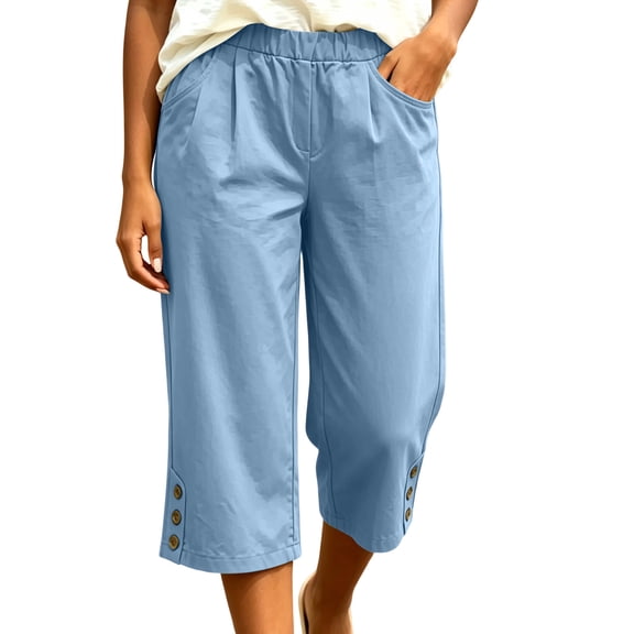 Karymi Linen Pants Women Elastic Waist Capri Pants, Casual Cropped Wide Leg Pants with Pockets and Button Hem, Pull-On Calf Length Trousers Womens Shorts