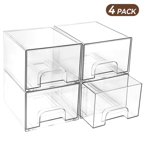 4 Pack Stackable Clear Acrylic Storage Drawers,4.4'' Tall  Plastic Organizer Bins for Makeup,Bathroom,Countertop,Office,Beauty Supplies