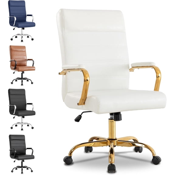 White and Gold Office Desk Chair, Modern Leather Conference Room Chairs, High Back Ergonomic Home ofiice Chair, Adjustable Height Swivel Executive Computer Chair with Padded Seat and Armrest